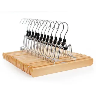 Songmics Hosenspanner, 12 Stück, Kleiderbügel aus Holz, Hosenbügel, rutschfest, verchromter Haken, um 360 Grad drehbar, Natur CRW007-12