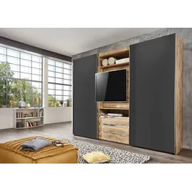 WIMEX Schwebetürenschrank Magie Kleiderschrank 300x65x216cm (plankeneiche graphit), B:300cm H:216cm T:65cm, Schränke, Schwebetürenschrank, tolles EXTRA: mit drehbarem TV-Element, mittig mit Schubladen