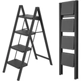 ROSEJANE Klappbar Leiter 4-stufige Trittleiter belastbar bis 270 kg,Schwarz