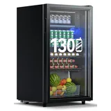 Devoko 93L Getränkekühlschrank für bis zu 130 Dosen, mit Glastür und LED-Innenbeleuchtung. Inklusive höhenverstellbarer Regale für Cola, Bier und Wein. Ideal für Haushalt und Büro in Schwarz.