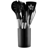 WISHDOR Kochbesteck-Set 12er Küchenhelfer Set Kochgeschirr Küchenutensilien Küchengerät Küchen (Kochset Antihaft Hitzebeständig mit Utensilienhalter und Aufhängeloch, 12-tlg., Silikon, Kochbesteck, Küchen, Utensil Set, Kochutensilien, Edelstahlgriff), Spülmaschinengeeignet für Kochen Braten Schöpfen Mischen und Backen schwarz