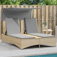 Festnight Doppel Gartenliege mit Sonnendach Doppelliege Outdoor 2 Personen Sonnenliege Rattan Sonnenbett Loungebett Gartenbett mit Auflage Liege Outdoor mit Dach Rattanliege Liegestuhl Garten