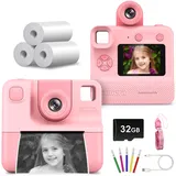 Kinderkamera Sofortbildkamera,1080P 24MP Sofortbildkamera Kinder mit 10X Vergrößerung Drehbares Objektiv,2.4inch Digitalkamera für Kinder mit 3 Rollen Druckpapier & 32GB Karte, Geschenk für Kinder