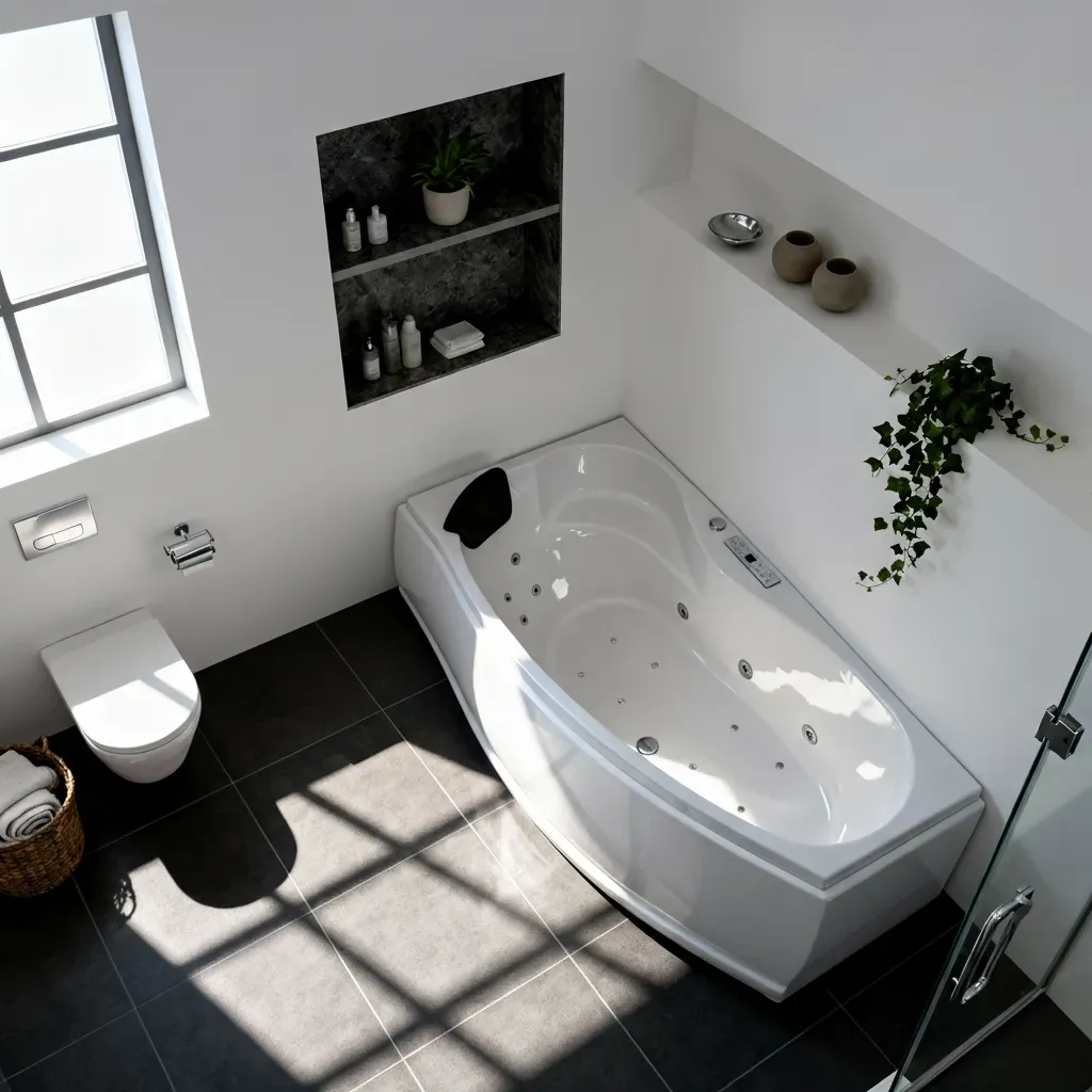 Indoor Whirlpool Eck-Raumsparbadewanne 160x90 Rechts cm, 13 Massagedüsen LED, Einbau, 1 Person, Acryl, Caribia MINI CORNER Basic, Made in Germany