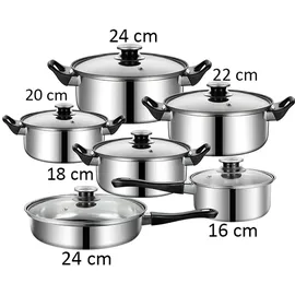 Retoo Topfset 12-teilig Kochtopf Set mit Glasdeckel Durchmesser 16 18 20 21.8 24cm Silber