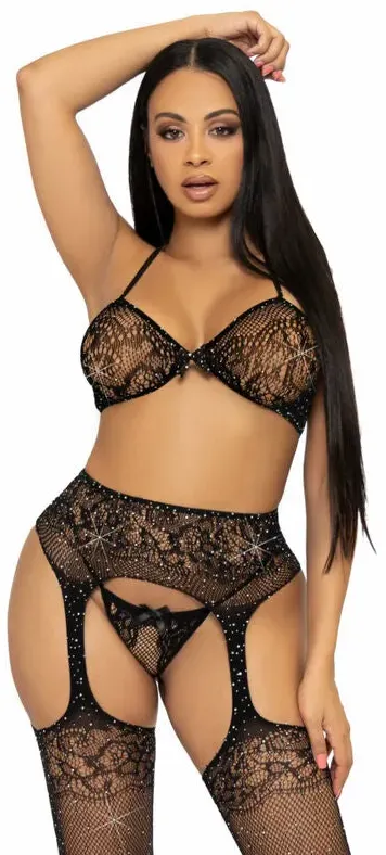 LEG AVENUE  Set aus Netz-Strumpfgürtel und BH - Schwarz