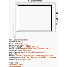 Vevor Motorisierte Projektionsleinwand, 1829 mm 4:3 1080 HD Elektrische Projektionsleinwand, Wandmontierter Projektionsprojektor mit Fernbedienung, Automatische Filmleinwand für das Familien-Heimbüro-Kino