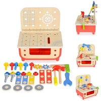 Tooky Toy Kinder Holz Werkbank TF797 Kinderwerkzeug, Hammer, 31 Teile, Schrauben rot
