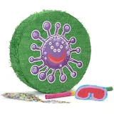 Lumaland Pinata Set zum Befüllen inkl. Schläger & Augenbinde | Beat The Virus ideal für Kinder-Geburtstag & Feier | Piñata inkl. 50g buntes Konfetti | Individuell befüllbar [50x50x15 cm]