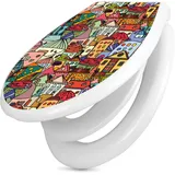 banjado Familien WC Sitz mit Absenkautomatik 44,9x37,1cm - Klobrille mit Kindersitz aus hochwertigem Polypropylen - Toilettendeckel mit Kinder Toilettensitz integriert - Motiv Funky Town