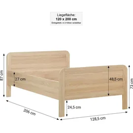 Homestyle4u Komfortbett 120x200 mit Lattenrost Bett Senioren Seniorenbett Massiv extra hoch 3119 - Naturbelassen