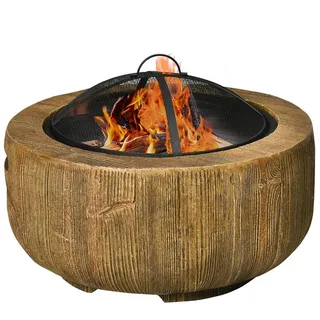 Outsunny Feuerschale Feuerstelle mit Deckel Feuerkorb mit Schürhaken im Baumstumpf-Design, für Camping, Terrasse, Stahl, MgO, Braun