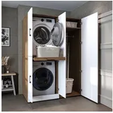 roomart Waschmaschinenschrank Dora Set für Trockner & Waschmaschine, 130 cm breit, in 4 Farben, mit Türen & Ausziehbrett (186 cm Hoch- ohne Aufsatzschrank, Weiß Eiche)