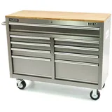 HBM fahrbarer Werkzeugwagen mit Holzarbeitsplatte, 117 cm, Edelstahl