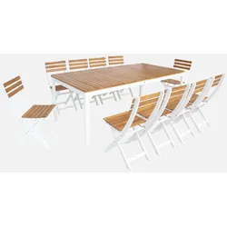 Gartentisch aus Akazienholz mit abgerundeten Ecken, 10 Stühle, weiß, 200 x 100 x 75 cm - Calena + Senora
