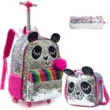 Rucksack Mädchen Schulranzen Trolley Silber Rot Panda Pailletten Trolley Rucksack Schulrucksack Teenager 3PCS Kinder Schultrolley Geeignet für Schule und Reise Essensbeutel und Federmäppchen