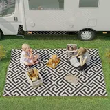 Outsunny Outdoor-Teppich, Kunststoffteppich mit Doppelseitigem Design, Wasserabweisender Balkonteppich, für Terrasse, Camping, Schwarz+Weiß, 152 x 243 cm
