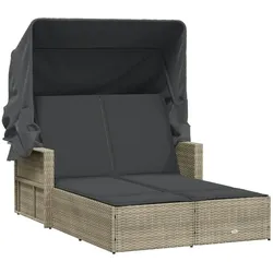 vidaXL Doppel-Sonnenliege mit Dach und Auflagen Hellgrau Poly Rattan