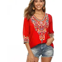 drakloak Bluse Stickerei Damen Boho Oberteile Tunika Folklore Hippie Blusen Bohemian Kleidung(054 RD M) - M