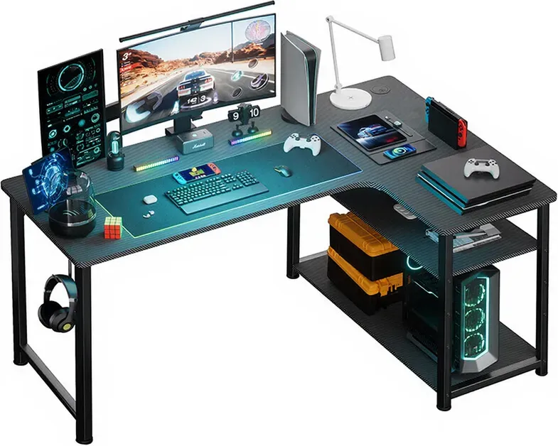 COMHOMA Schreibtisch Gaming-Schreibtisch Büroschreibtisch Computertisch 120 cm L-förmig mit Regal L-Typ Schwarz USB-Ladeanschlüsse und Steckdosen, einfache Aufbewahrung für Büro- und Gaming-Zubehör