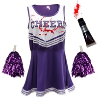 Zombie-Cheerleader-Kostüm mit Kunstblutröhrchen, „totes Cheerleader“-Outfit für Damen, Mädchen oder Kinder zu Halloween, Lila, Größe XS