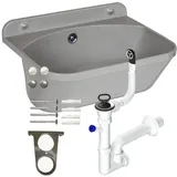 Waschbecken mit Siphon Ausgussbecken aus Kunststoff grau Granit Farbe, 45 cm Länge hängen Wasserinstallation Küche Badezimmer robuste Waschtrog
