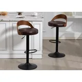 LVHOM Barhocker 360° drehbarer, höhenverstellbarer Barstühle mit Fußstütze,2er Set (PU-Leder, geschwungene Rückenlehne aus Holz, atmungsaktiv und komfortabel, runder Fuß (42,5 cm Durchmesser), Tragkraft 150 kg), ideal für Wohnzimmer, Küchen, Bars, Balkone, Partys, Cafés und Kneipen braun