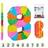 Relaxdays 4 TLG. Pinata Set Geburtstag Zahl 8, XXL Konfetti Sack, Pinatastab mit Augenmaske, Geburtstagspinata, Stock & Maske, bunt