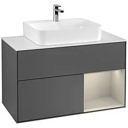 Villeroy und Boch Finion Waschtischunterschrank F121HHGK 100cm, Abdeckplatte weiß matt, Regal rechts Sand Matt, Anthracite matt