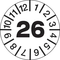 König Werbeanlagen Jahresprüfplaketten ab 26, Jahresfarben, Folie, Ø 10 - 30 mm - Bogen = 10 Plaketten - 15 mm Folie selbstklebend