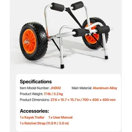 Vevor Kajakwagen, 113 kg, faltbarer Kanuwagen mit 25,4 cm Vollgummireifen & 1 Ratschengurt, Bootswagen zum Transportieren von Kajaks, Kanus, Paddle...