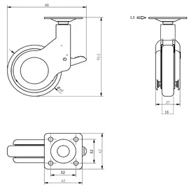 MS Beschläge Ø 60mm Möbelrolle Exklusiv 4x Bockrolle 30kg Traglast mit Bremse