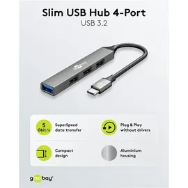 goobay Slim 4-Port USB-Hub, USB-CTM auf USB-A USB 3.2 Aluminium, 0,1 m Kabel