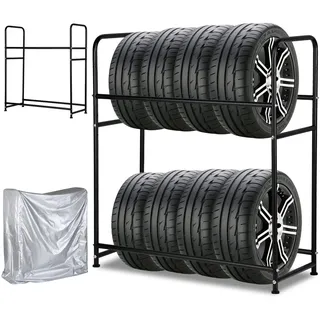 Tubiaz Reifenregal für 8 Reifen, Höhenverstellung Reifenständer 2 Schichtenn, Ladekapazität 180kg mit Reifenschutzhülle, Reifenregal 107 x 46 x 117cm für Garage Keller Werkstatt