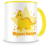 Samunshi® Kindertasse mit Namen Tasse gelber Dino Personalisierte Tasse mit Namen Kinder Kinderbecher mit Namen Kindergarten gelb 300ml