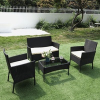 Bigzzia Gartenmöbel Set, Polyrattan Lounge Gartengarnitur 2x Sessel + 1x Doppelsitz-Sofa + 1x Tisch + 3x Kissen, Schwarz