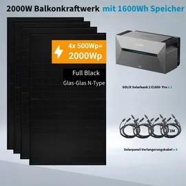solarmars Balkonkraftwerk Bifazial 1000 W inkl. 800 W Anker Solix Solarbank 2 PRO 1,6 kWh
