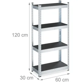 Relaxdays Schwerlastregal, HxBxT: 120 x 60 x 30 cm, 700 kg, verzinkter Stahl, Lagerregal Keller & Garage, schwarz/silber
