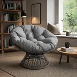GarveeMore Papasan Sessel 360° Drehbar, Runder Sessel mit Kissen in Rattan-Optik, Ergonomischer Relaxsessel & Lounge Sessel mit Stahlrahmen für Wohnzimmer Boho Deko (Grau)