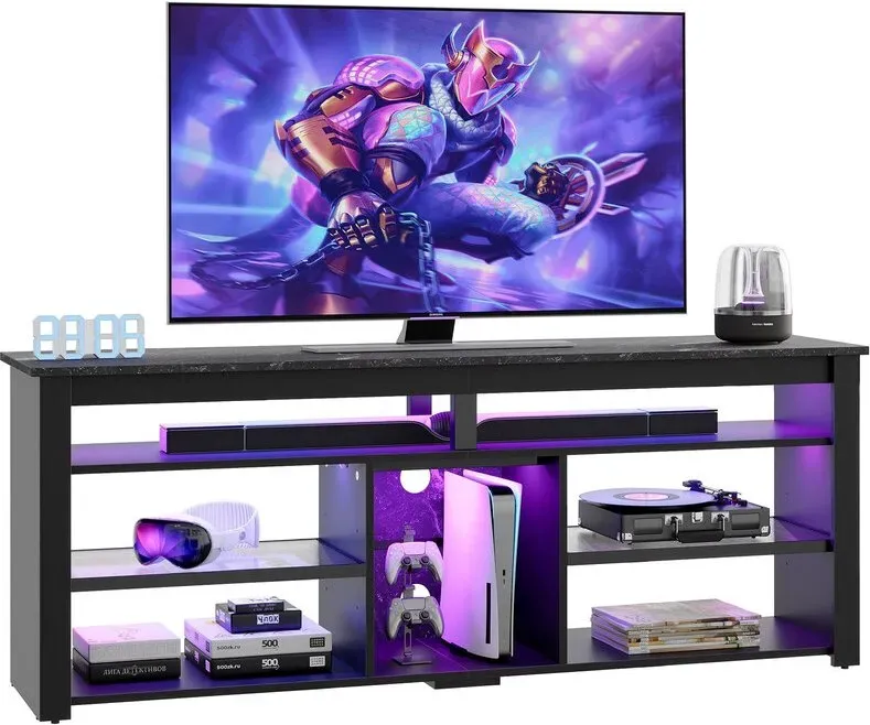 Bestier Lowboard TV-Schrank, Sideboard, Gaming-TV-Board mit LED-Beleuchtung - Schwarzer Marmor-Look (Breite 160 cm TV-Tisch, 1 Stück, TV-Ständer für 55/60/65/70 Zoll Fernseher, mit 366 dynamischen Modi LED), Medien-TV-Schrank mit verstellbarem Regal, Weißer Marmor/Schwarz
