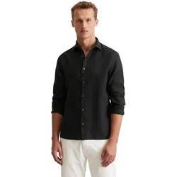 Langarmhemd MARC O'POLO "aus reinem Leinen", Herren, Gr. M, Normalgrößen, schwarz, Obermaterial: 100% Leinen, unifarben, casual, figurbetont normal, Langarm Doppelmanschette, Hemden