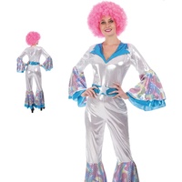 Partilandia Damen-Kostüm, 70er-Jahre, Größe S bis L: [Größe L]【Silberfarbener Overall】 Damenkostüme für Karneval