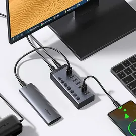 UGREEN USB-C auf 7-Port USB-A 3.0 Hub DC 12v Grau
