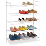 Relaxdays Schuhregal, Metall, mit 5 Ebenen, stapelbar, erweiterbar, HBT 90 x 26 cm, für bis zu 15 Paar Schuhe, weiß
