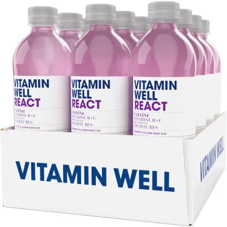 Vitamin Well React Koffein Vitamin B6+B12+C Erfrischungsgetränk Schwarze Johannisbeere 12x500ml