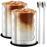 Nizirioo 2er Set Latte Macchiato Gläser 200ml Doppelwandige Gläser Cappuccino Tassen Kaffeegläser Thermogläser Trinkgläser Kaffeetassen Klares Glas Teegläser Spiralförmig, Mit 2 Löffeln 2 Untersetzer