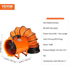 Vevor Bauventilator 367-W-AC-Motor Baugebläse 2800 U/min Baulüfter Gebläse 2574 CFM (4373 m3/h) Axiallüfter mit 5 m Schlauch Axialgebläse 79 dB Geräuschpegel Industrielüfter