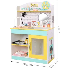 Teamson Kids Little Helper Holzhaustierspielständer Pretend Vet Clinic Spielzeugset für Katzen- und Hundespielzeug mit 19 Rollenspielzubehör Grün/Gelb TD-13636A