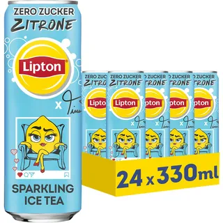 LIPTON ICE TEA x Twenty4Tim Sparkling Lemon Zero, Kohlensäurehaltiger Eistee mit Zitronen Geschmack ohne Zucker, EINWEG Dosen (24 x 0.33 l) (Verpackungsdesign kann abweichen)