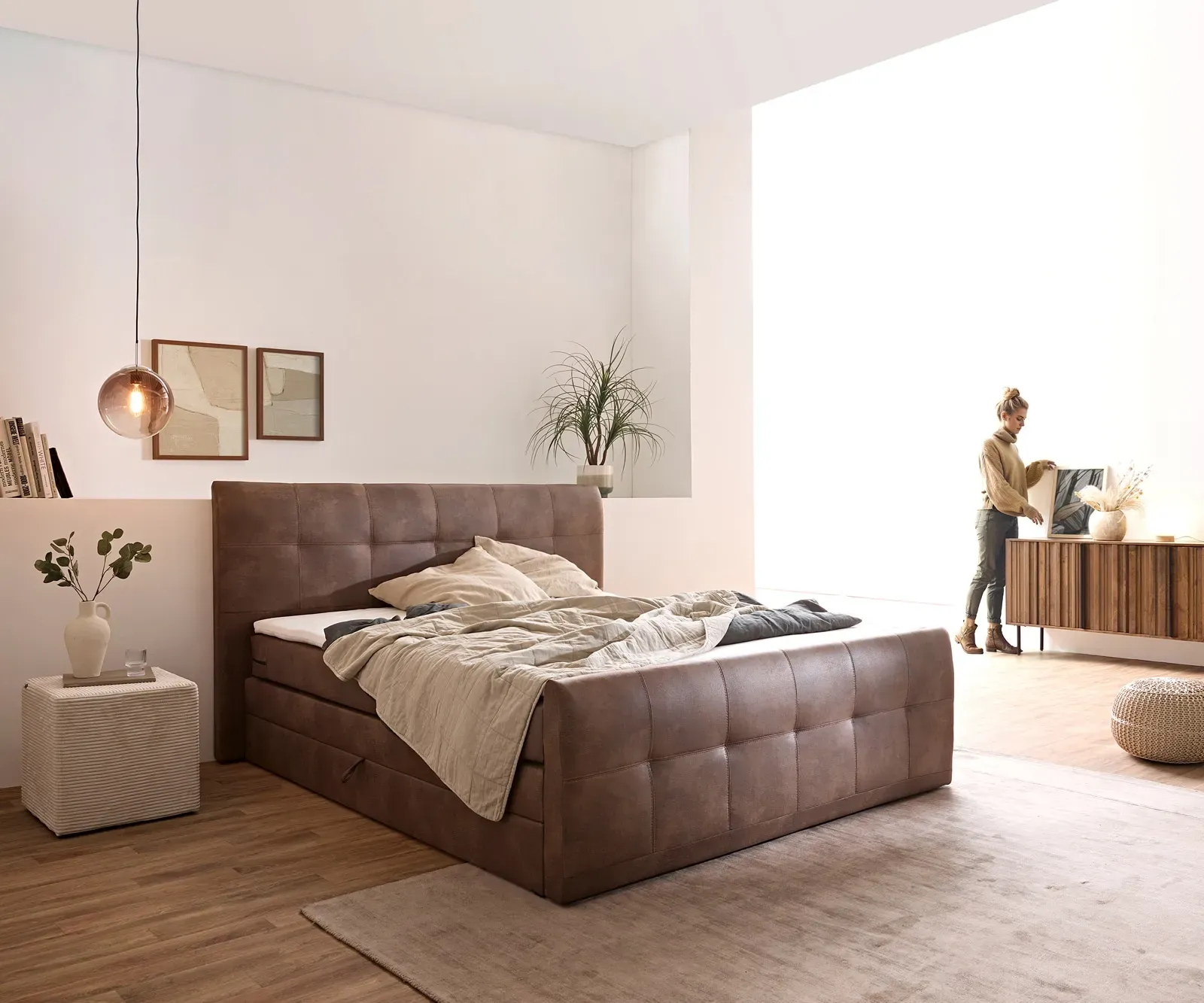 DELIFE Lit Amarillo 180x200 cm marron avec sur-matelas sommier tapissier, Lits à sommier tapissier